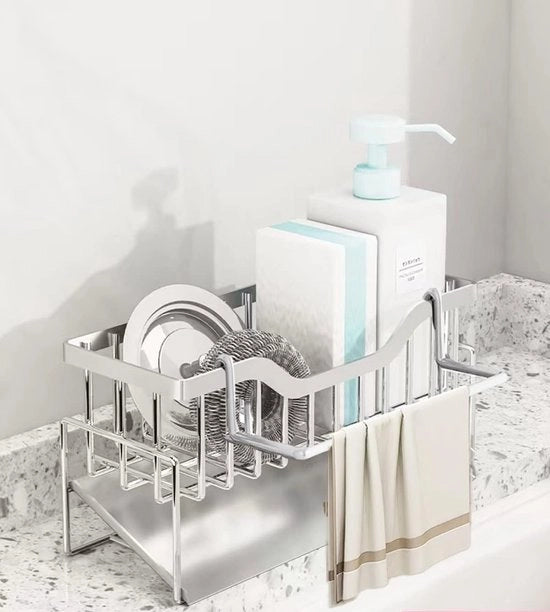 Organizzatore per la vasca, dispositivo di drenaggio per la cucina, acciaio inossidabile con vasca per asciugare il sapone, cassetta per la doccia, caddy organizzatore, contenitore per asciugamani, set di spazzole, cucina e bagno.