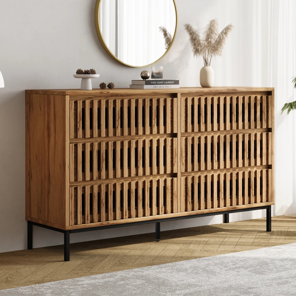 Credenza con 6 cassetti e 5 piedi con supporto centrale regolabile per soggiorno e camera da letto 120 × 40 × 81 cm