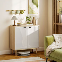 Credenza Moderna 72x35x77 cm a 2 Ante con Ripiano Regolabile Bianco Lucido e Rovere