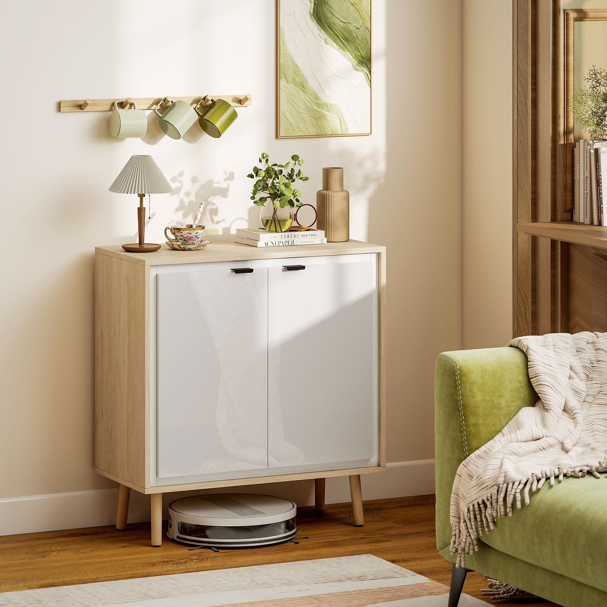 Credenza Moderna 72x35x77 cm a 2 Ante con Ripiano Regolabile Bianco Lucido e Rovere