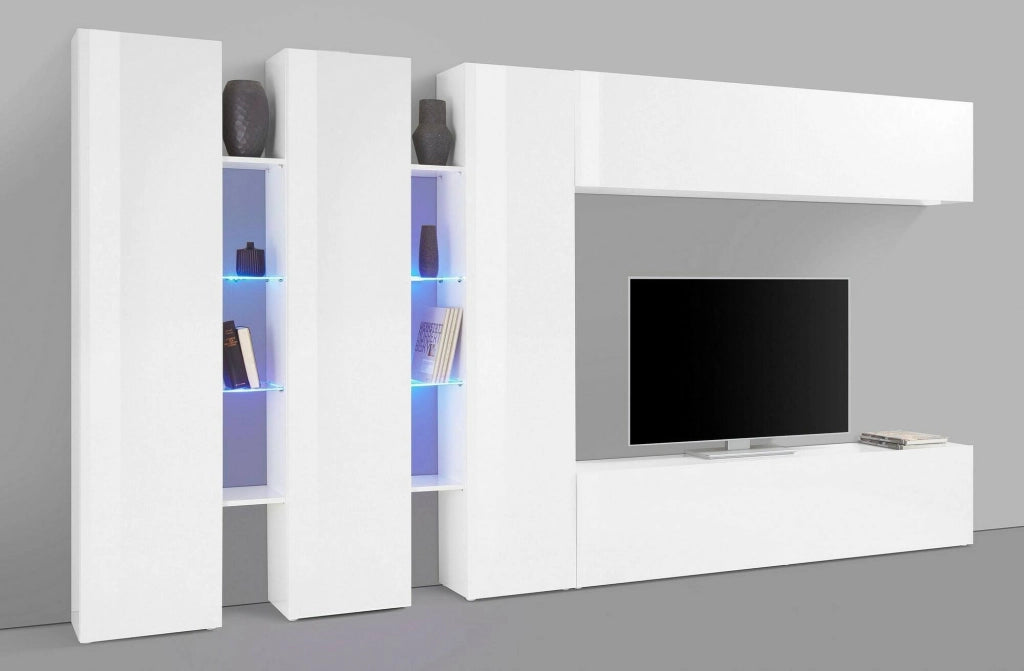 Parete attrezzata Carretto, Set salotto porta TV a 5 ante, Mobile soggiorno multiuso, 100% Made in Italy, cm 340x30h180, Bianco lucido
