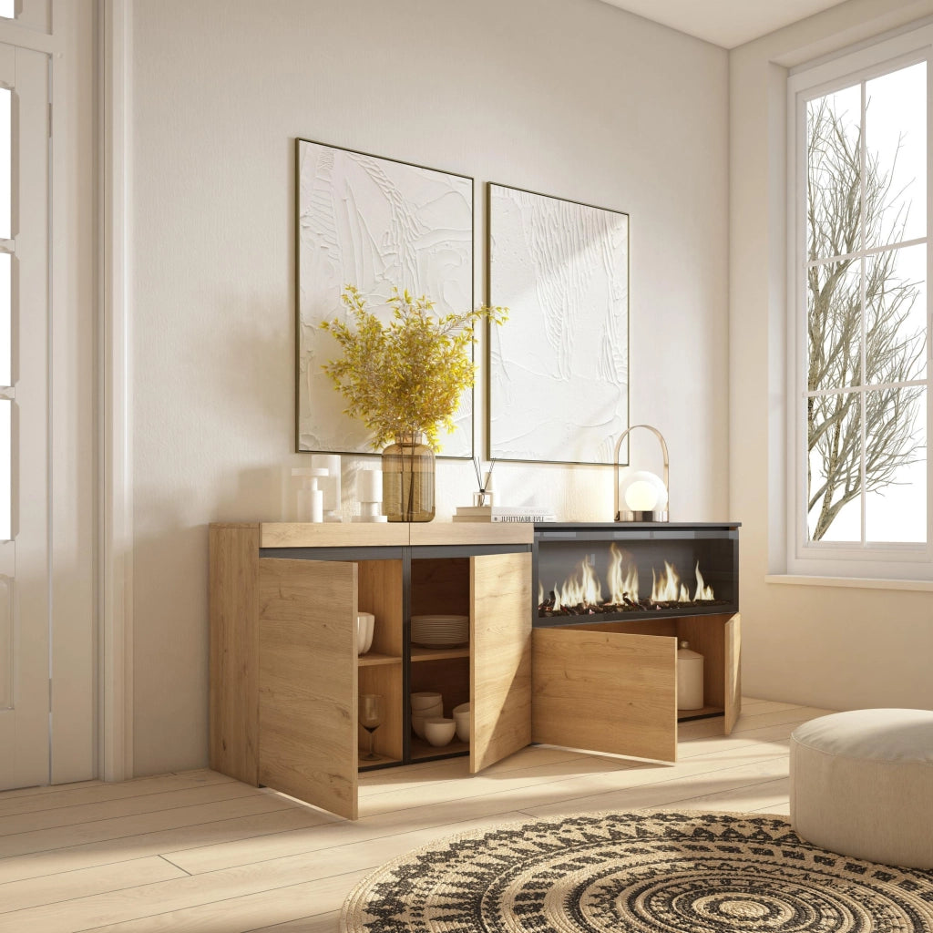 Credenza, Mobile, 208x35x75cm, 4 Porte, Camino elettrico XXL, colore Rovere RF3227