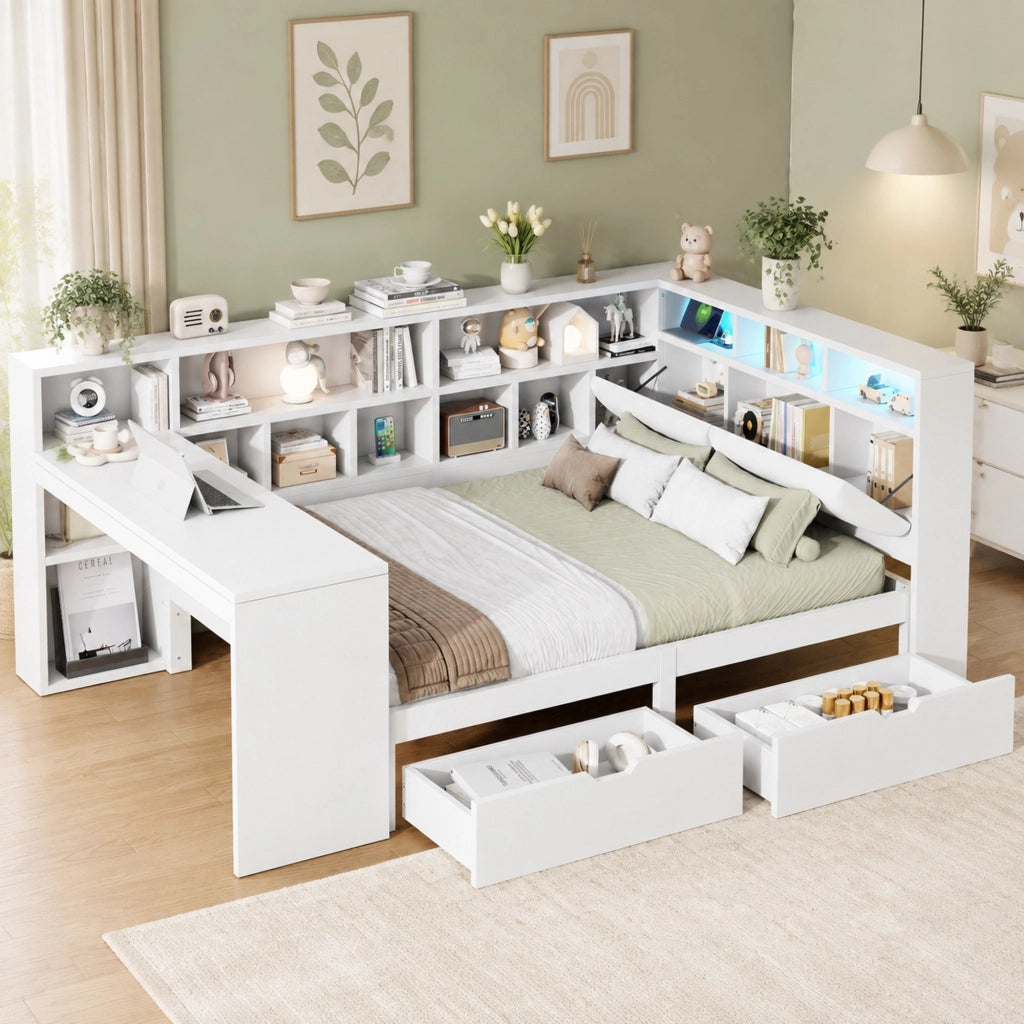 Letto a piattaforma a L 140x200 cm con scrivania; libreria; LED e USB; bianco