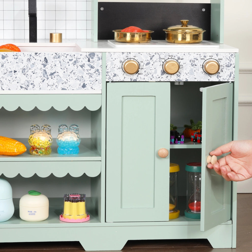 Cucina giocattolo per bambini con macchina per bevande lavello e microonde girevole in MDF verde 30 × 90 × 98 cm