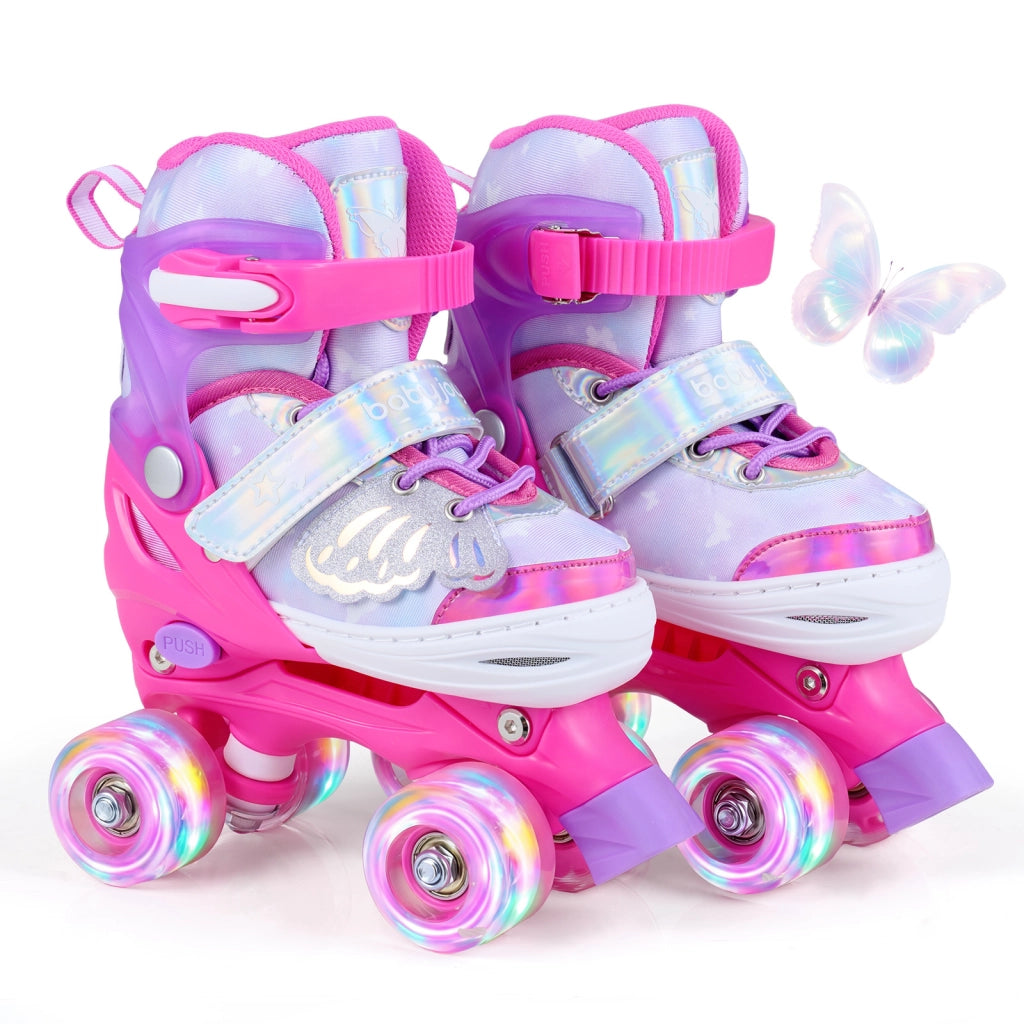 Pattini a rotelle per bambina con diversi strati protettivi e 4 ruote luminose con freno, Pattini a rotelle regolabili in 4 taglie Rosa S
