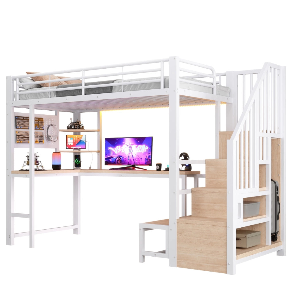 Letto a soppalco 90x200 cm con scrivania, LED e ricarica USB