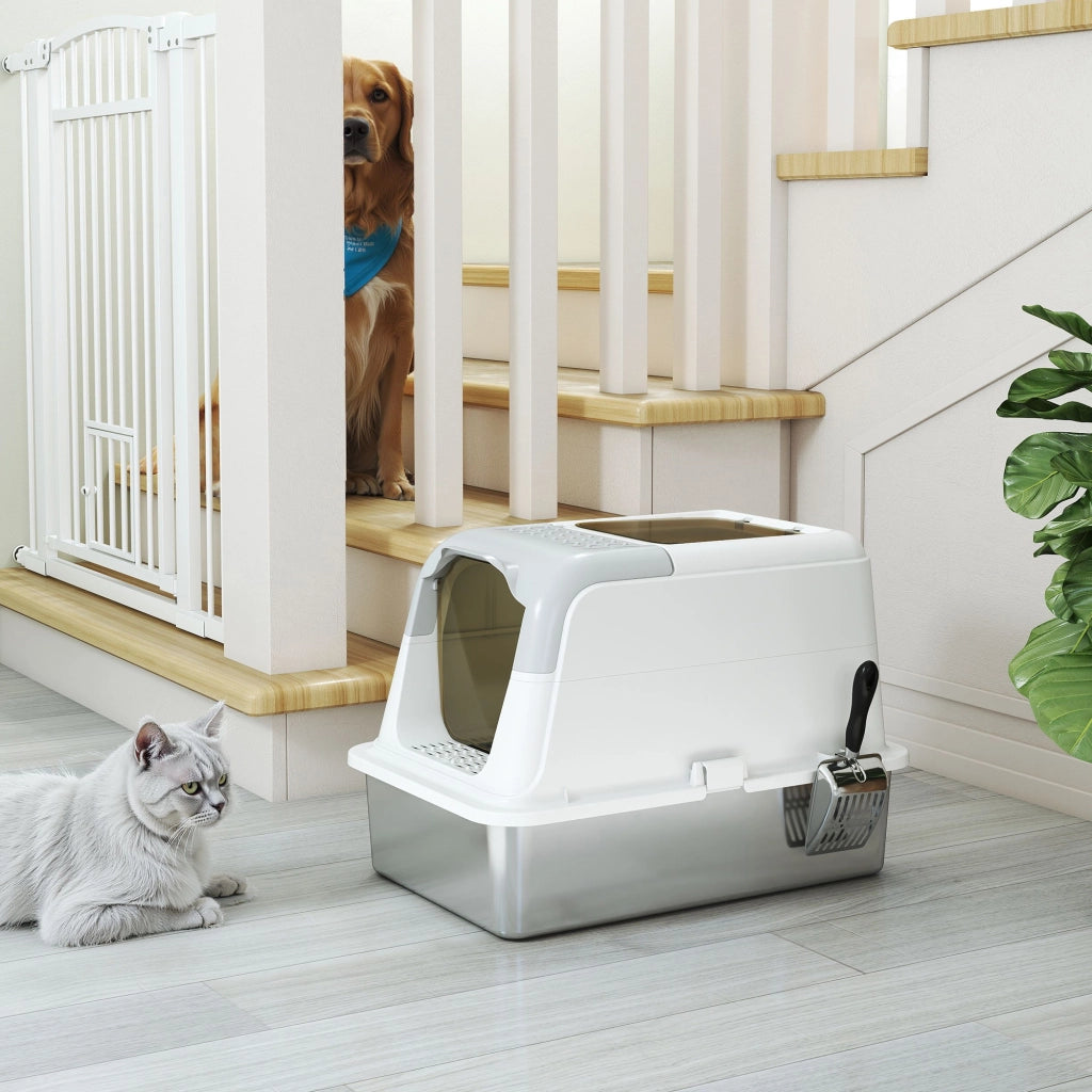 Lettiera Chiusa per Gatti a 2 Porte 60,4x40,4x41,8 cm Vaschetta in Acciaio Inox Bianco