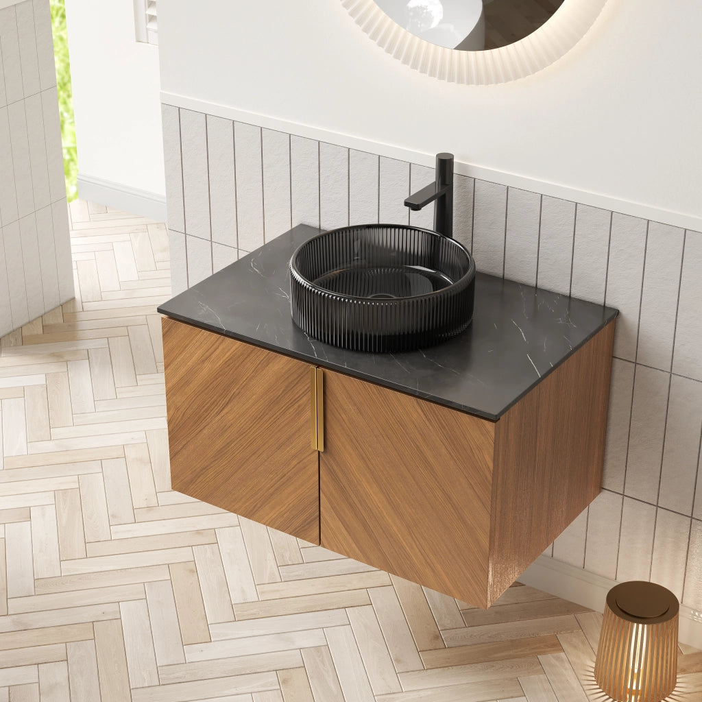 Mobile sottolavabo da bagno con 2 ante, lavabo tondo in vetro nero, piano in pietra sinterizzata, in compensato, nero marrone, 76 × 50 × 52,6 cm