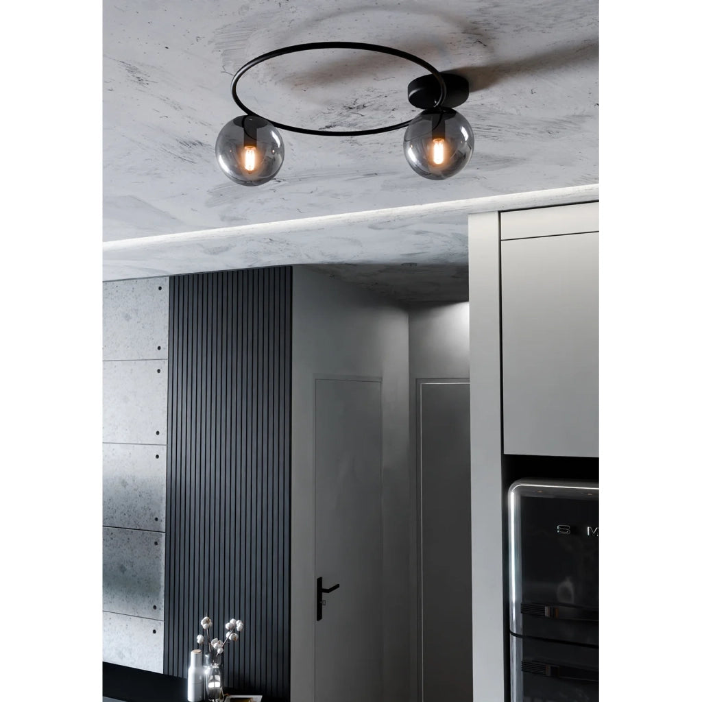 Plafoniera Minimal 2 Luci Perseo In Acciaio Nero E Sfere In Vetro Fumè
