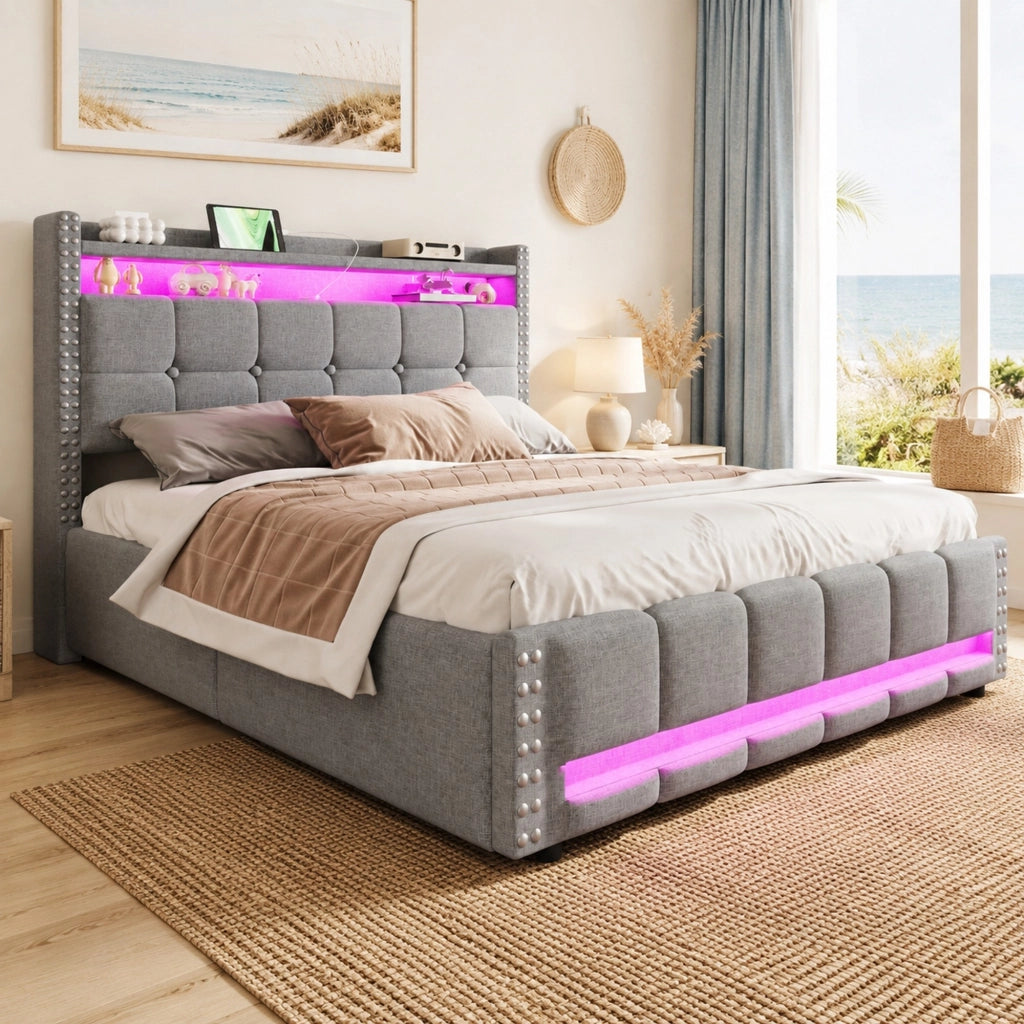 Letto imbottito 160x200 cm con LED, porta USB, testiera con ripiani e contenitore idraulico, tessuto effetto lino grigio chiaro