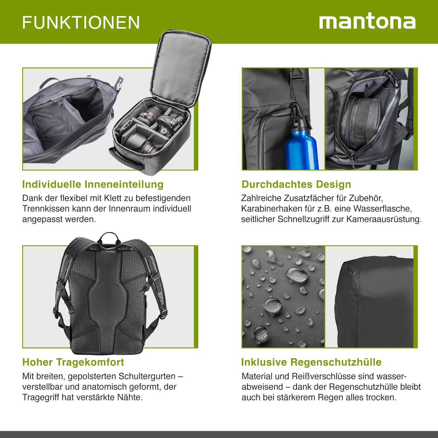 Mantona zaino fotografico corriere per fotocamera SLR DSLR in materiale impermeabile, con accesso rapido, zaino corriere con chiusura per arrotolamento 22444 Nero 480mm