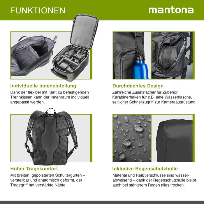 Mantona zaino fotografico corriere per fotocamera SLR DSLR in materiale impermeabile, con accesso rapido, zaino corriere con chiusura per arrotolamento 22444 Nero 480mm