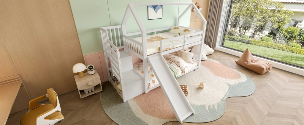 DESMIU Lit a castello casetta 90 × 200 cm 2 posti con scivolo e contenitore, senza materasso, bianco