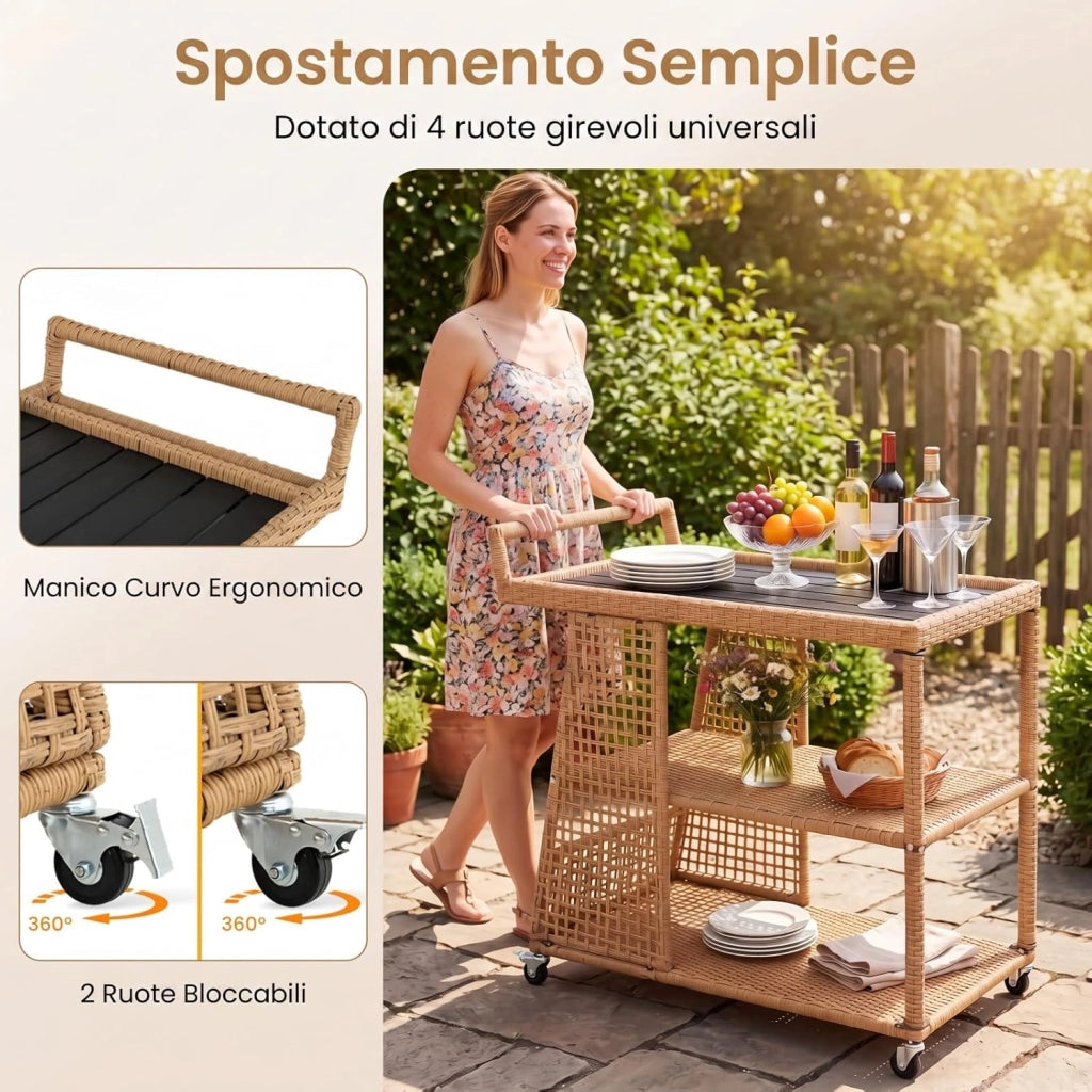 Carrello Bar in Rattan, Carrello Portavivande con 3 Ripiani Aperti e 4 Ruote, Maniglia Ergonomica, Moderno Carrellino Servizio Esterno Interno per Giardino, Terrazzo, Cucina, 98 X 54 X 92 CM