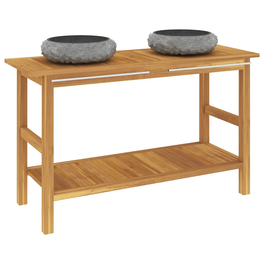 vidaXL Mobile Vanità Bagno e Lavandini Marmo Nero Legno Massello Teak