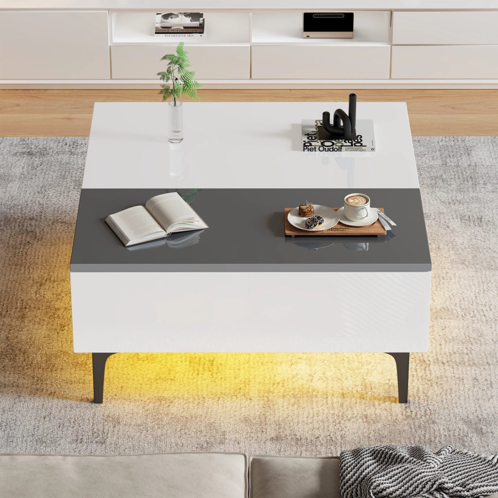 TAVOLO ALZABILE 70x70x35 cm MDF Bianco e Grigio con LED