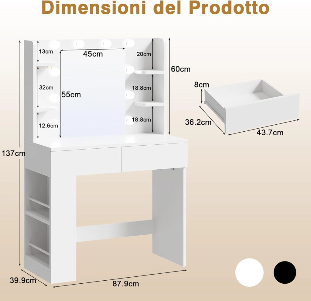 Tavolo da Trucco con Luci e Specchio, 55 x 45 cm, Comodino Moderno con Presa e Porte USB, 2 Cassetti e Scatola Laterale Regolabile, Mobile per il Make-up da Camera (Bianco)