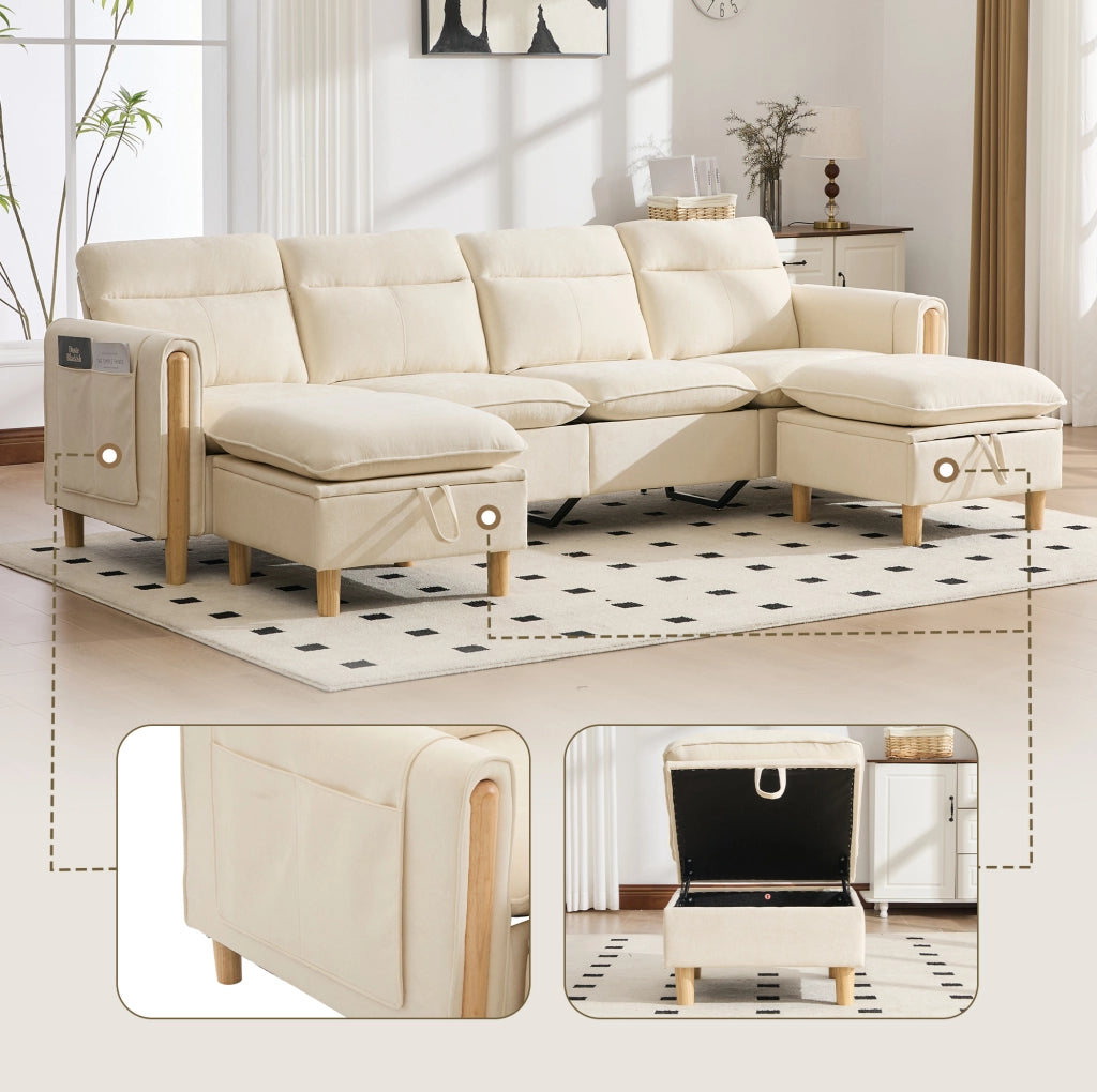 Divano modulare 4 posti con 2 pouf contenitore in chenille beige; 261 x 77 x 86 cm