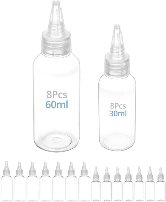 Set di 16 fiale - 8x 30ml/8x 60ml - Materiale PET trasparente - Duraturo - Facile da riempire e dosare - Fiale con dispenser