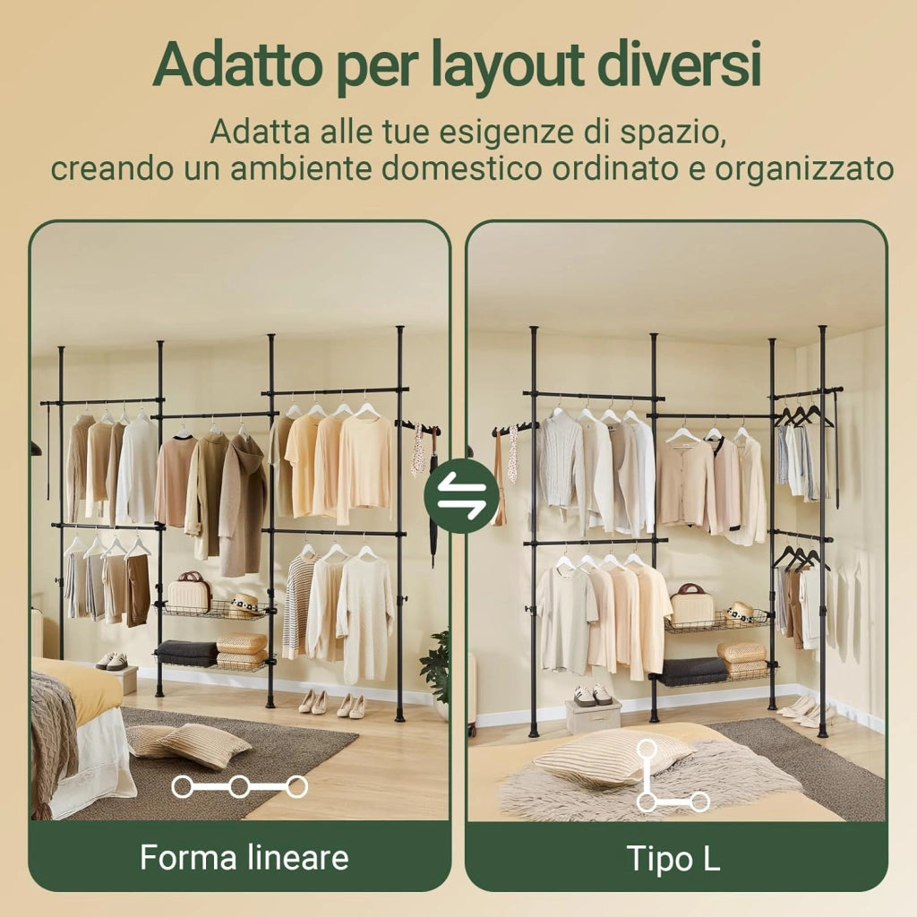 Telescopic Appendiabiti da Terra, Robusto Stand Appendiabiti con Aste e Ripiani, Armadio Aperto Regolabile per Camera da Letto, Porta Abiti Nero KLS04-II-SCH