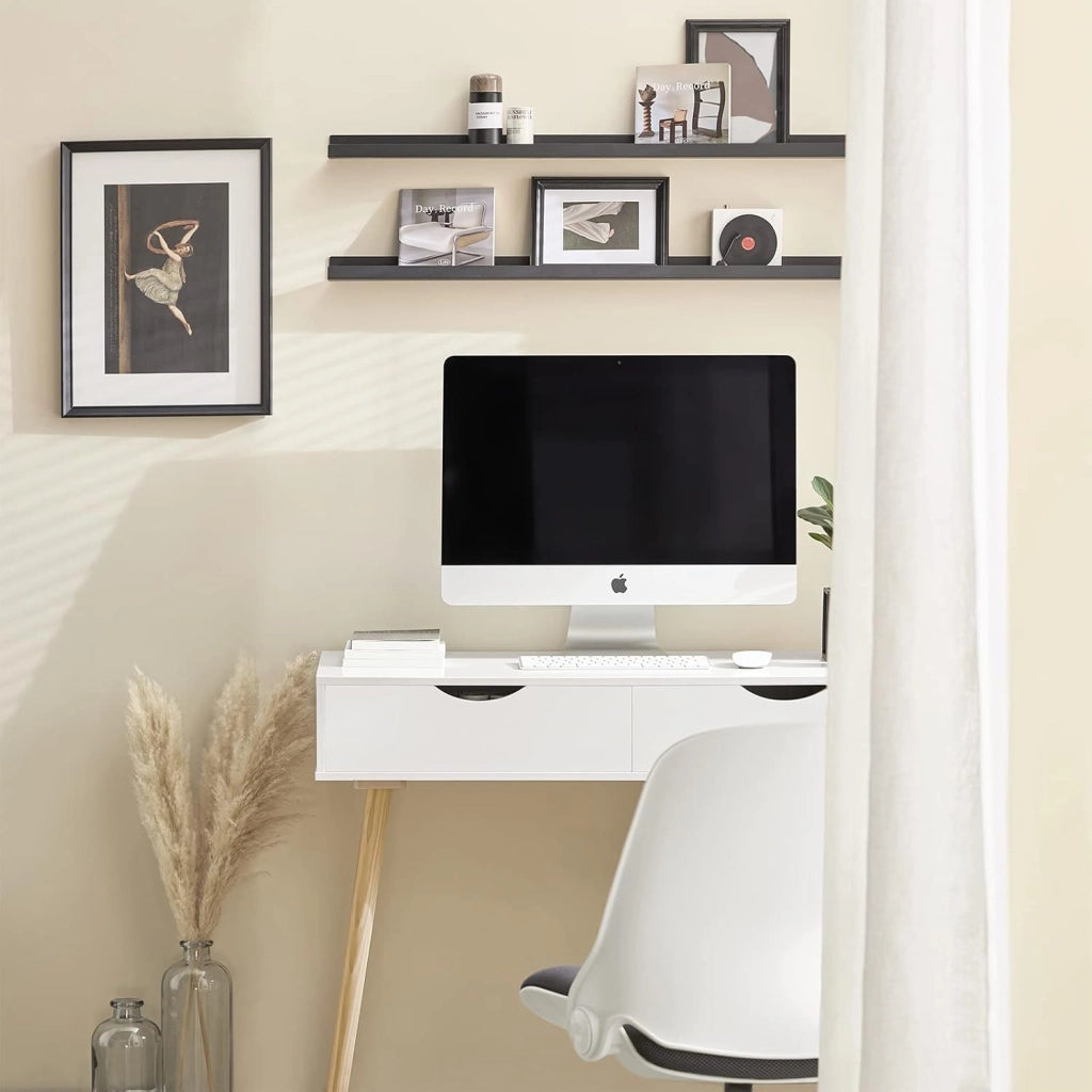Scrivania con 2 cassetti, Gambe in Legno di Pino, Scrivania Ufficio Compatta, Tavolo da Lavoro per Studio Cameretta e Camera da Letto, L90*P45*A77cm, FWT40-WN