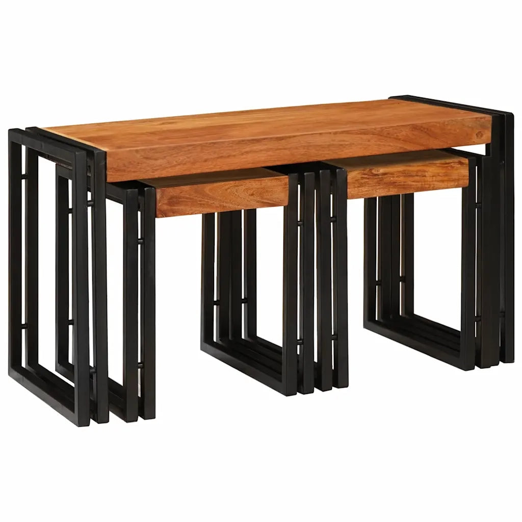 vidaXL Tavoli da Fine 3 pcs Marrone e nero Legno massello di acacia