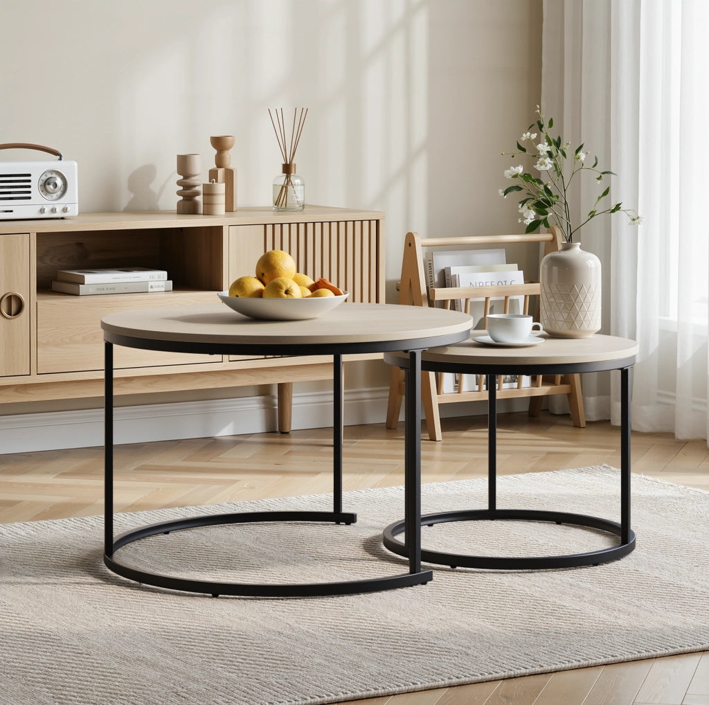 Set di 2 tavolini da salotto rotondi impilabili effetto rovere; struttura in metallo nero