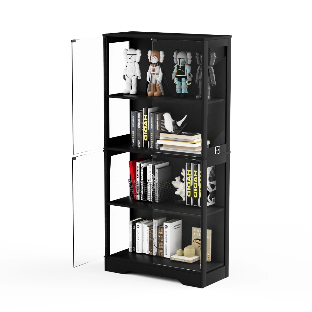 Vetrina in vetro con LED e sensore di movimento, sportelli in vetro, per soggiorno e camera da letto, nero, 80 × 35 × 165 cm