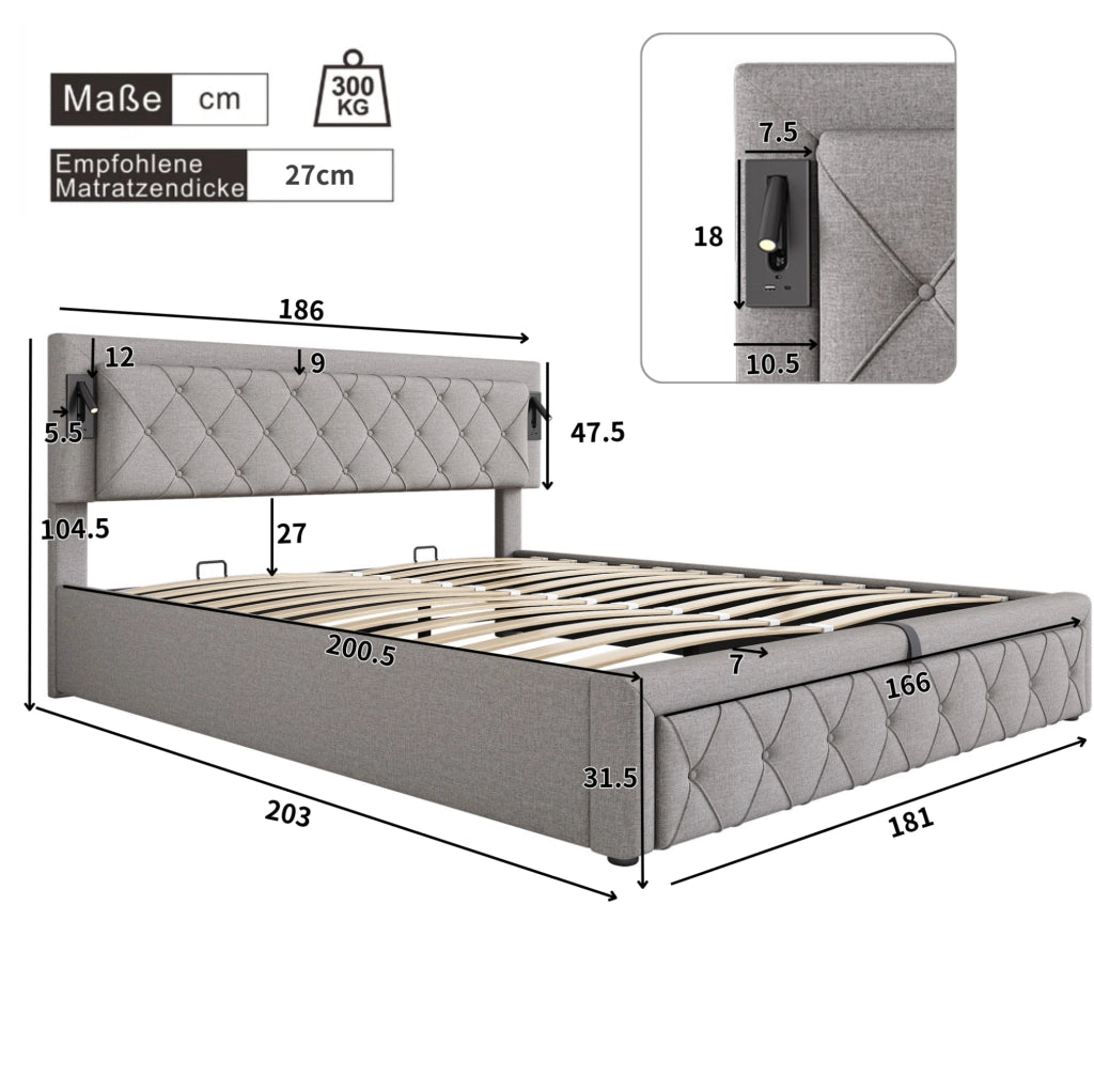 Letto matrimoniale imbottito con contenitore, LED e USB, struttura con rete in legno