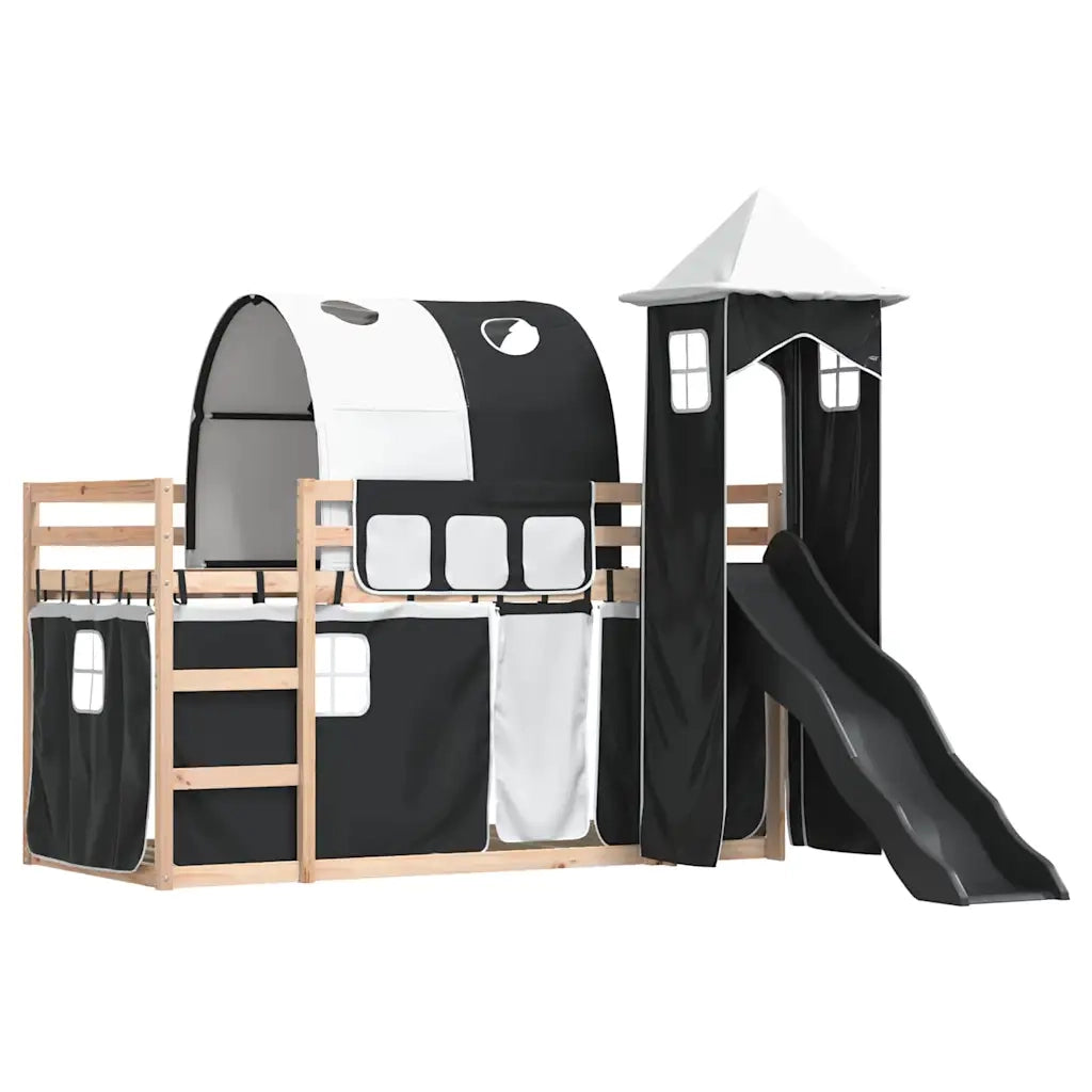 Letto singolo | Letto per adulti | Letto a Castello con Scivolo e Tende Bianco e Nero 80x200 cm