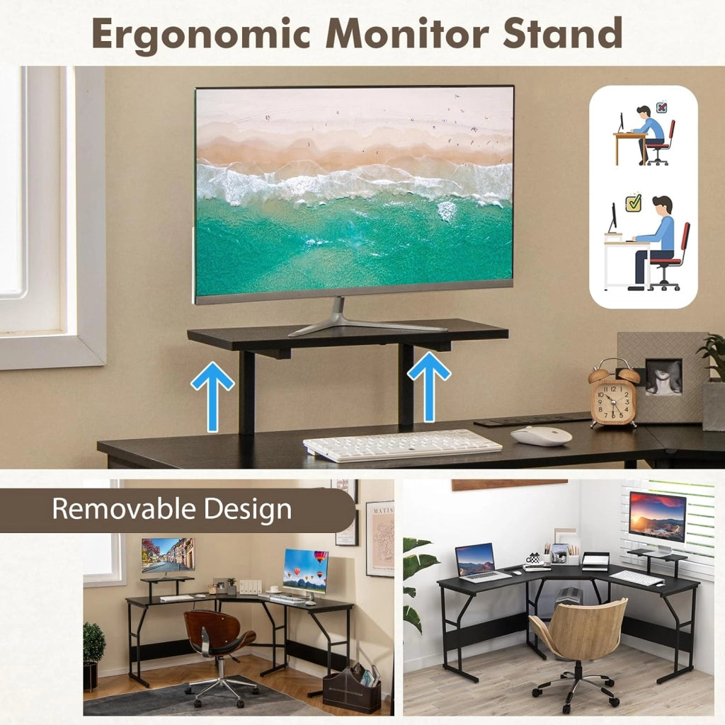 Scrivania a forma di L, trasformabile, 148 x 148 x 91 cm, tavolo angolare con porte di ricarica e prese, scrivania da ufficio con ripiano per monitor (nero)