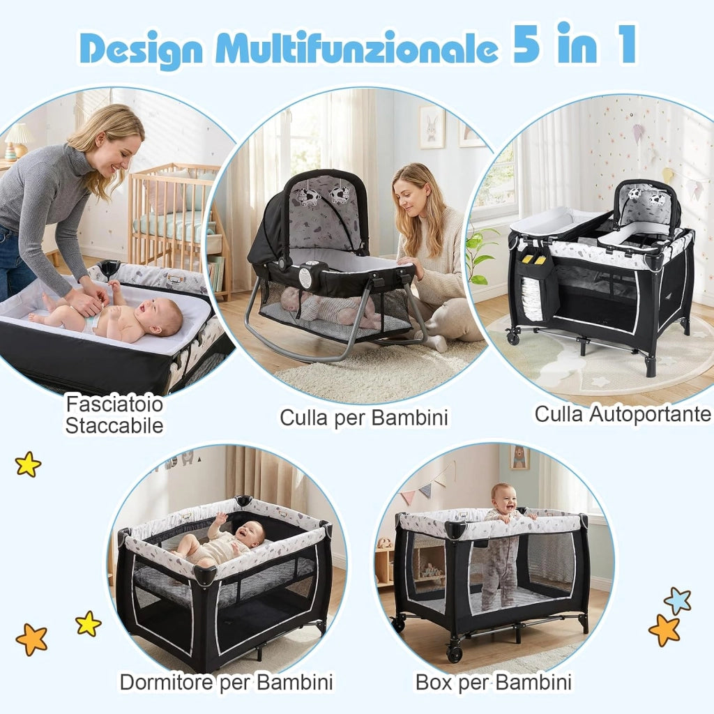 Culla Campeggio Bambini 5 in 1, Lettino Viaggio Neonati Pieghevole con Materasso, Fasciatoio e Tettoia, Box Portatile con Ruote, 2 Giocattoli Appesi e Carillon, per Bambini 0-3 Anni (Bianco)