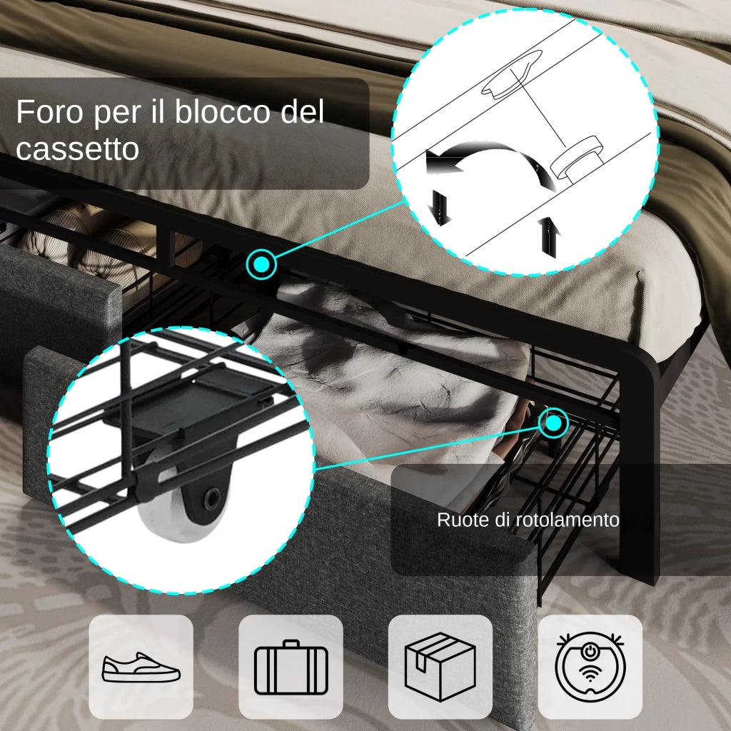 Letto matrimoniale imbottito 140x200 cm con LED; USB-C; testiera contenitore; 2 cassetti e rete; grigio