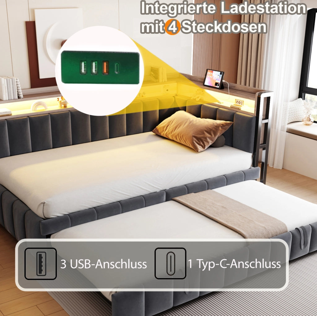 Letto estraibile 90x200 cm con secondo letto; LED regolabile; USB-C e vani; velluto grigio