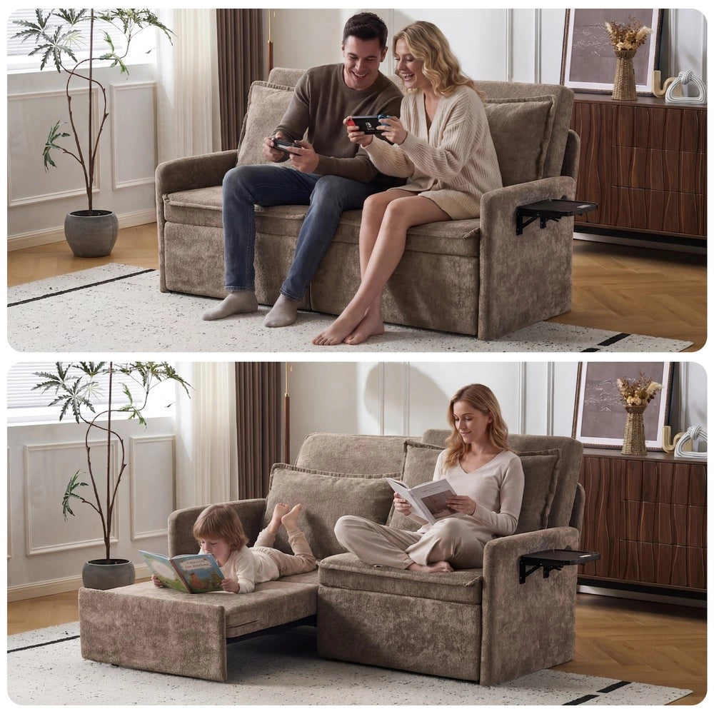 Divano Letto con Contenitore e USB ¨C MINIMAL ¨C Chenille, Marrone, Schienale Regolabile