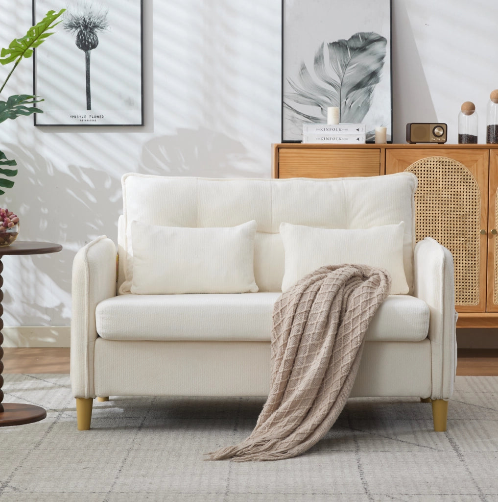 Divano 2 posti 127 cm in tessuto chenille beige con tasche laterali HOMVRA