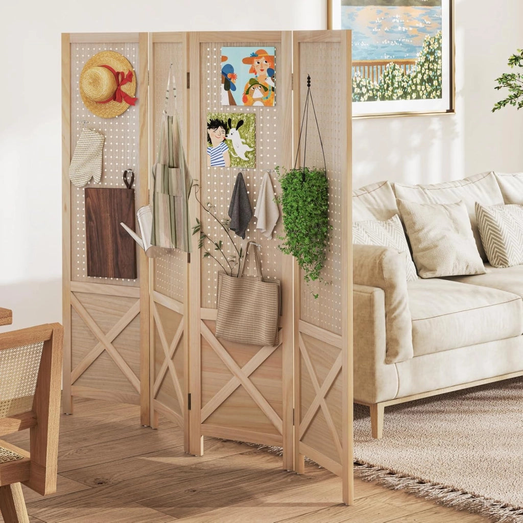 Paravento in legno per interni con 4 pannelli perforati, separatore di pezzi pieghevole a 4 pannelli, telaio in legno di Paulownia, piede antiscivolo, per uso domestico o commerciale