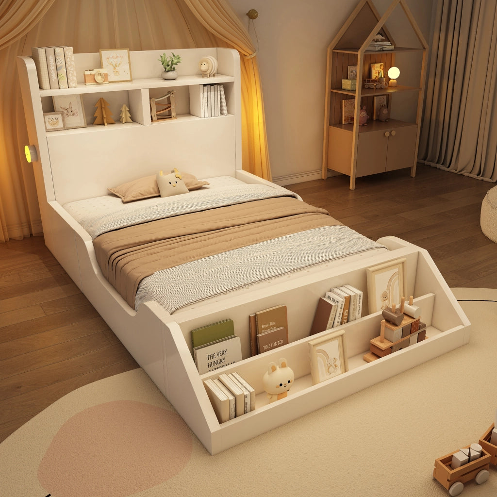 Letto singolo in legno 90x200 cm con libreria, luci notturne e rete a doghe, bianco