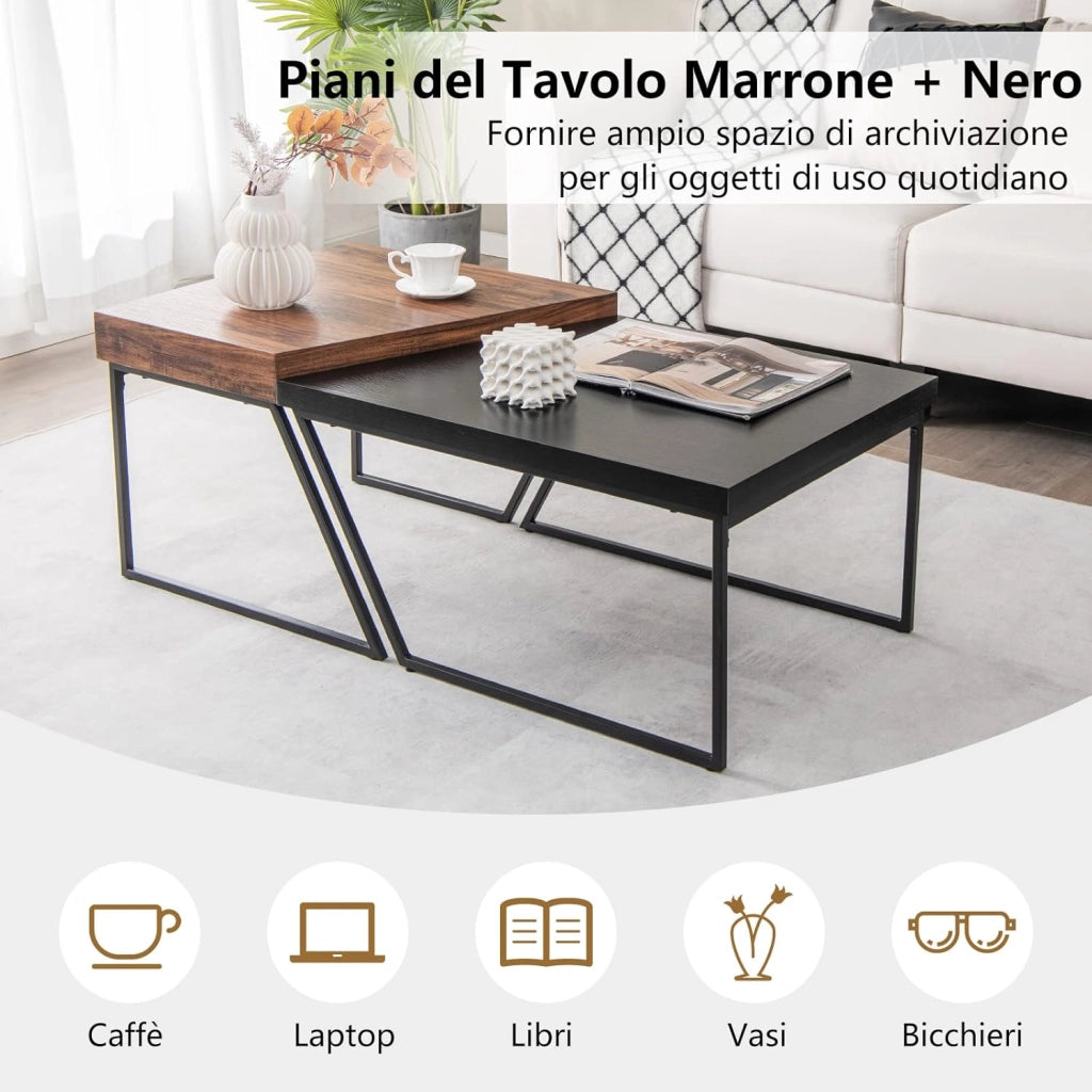 Tavolino Salotto con Gambe in Metallo Verniciato a Polvere, Tavolini da Divano Moderni e Impilabili, Tavolini Bassi da Divano per Soggiorno e Ufficio, Nero e Marrone