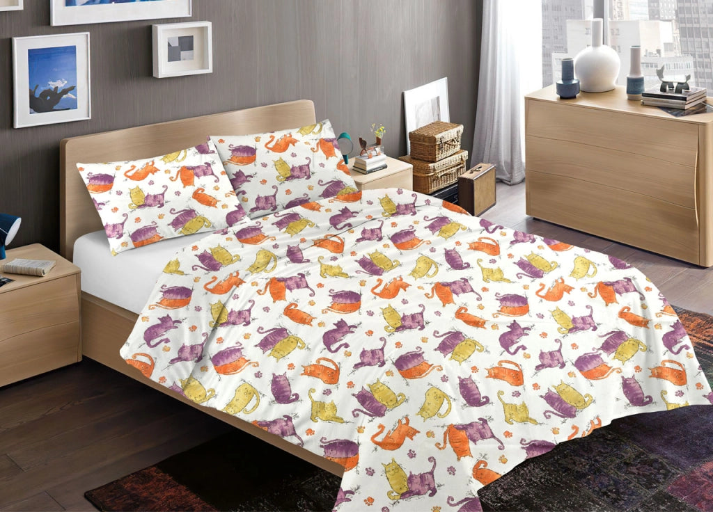 Sacco Copripiumino Piumone Letto In 100% Cotone Disegno Gatti Mod RP Micio Colorato Animali Made Italy - 1 Piazza - Arancio