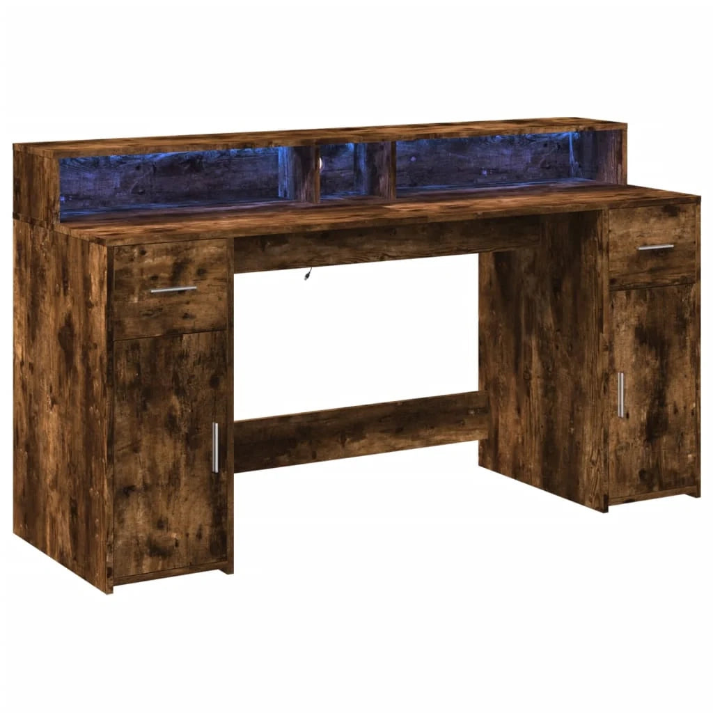 Scrivania da ufficio postazione di lavoro mobile per computer tavolo da studio con luci a LED rovere affumicato 160 x 55 x 91 cm legno ingegnerizzato marrone 02_0023786