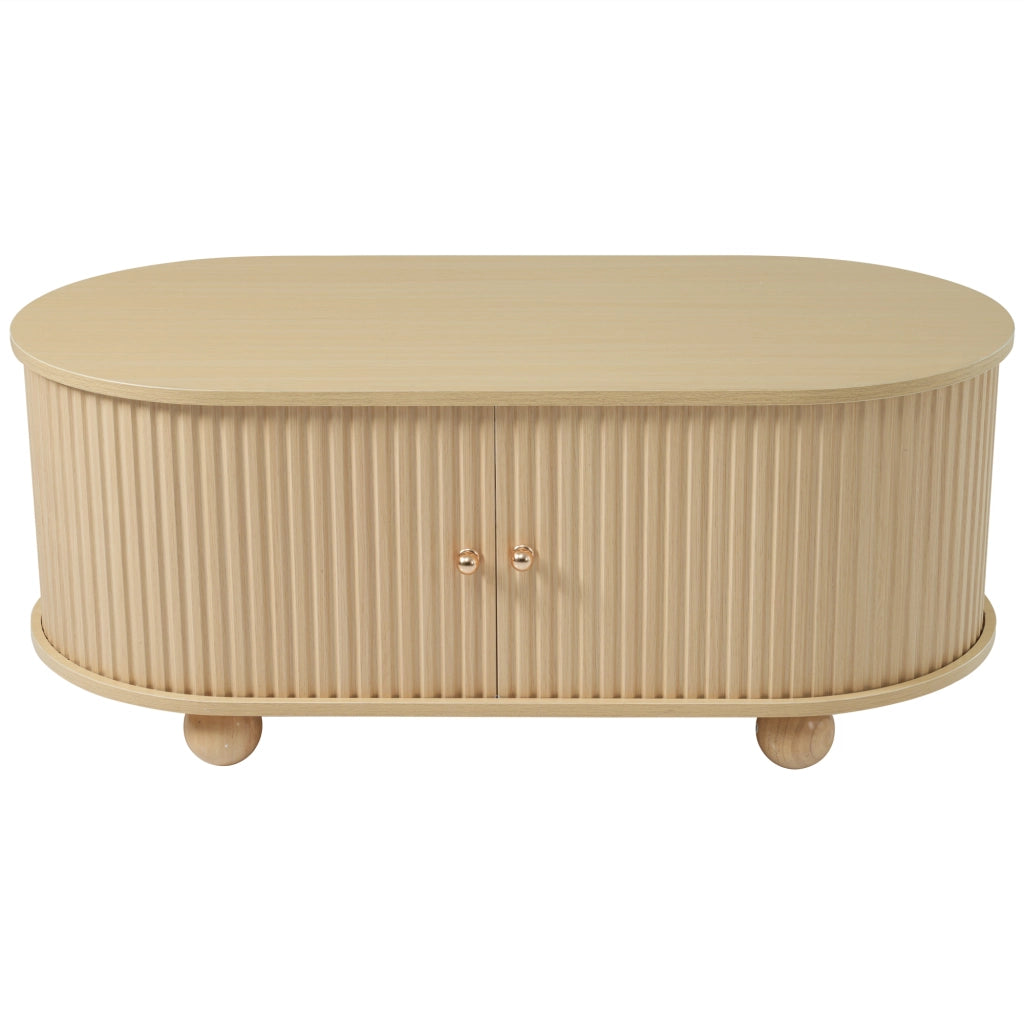 Tavolino da Salotto Ovale con 2 Ante Scorrevoli e Contenitore; Stile Industriale; in MDF; 100×50×40 cm; Legno