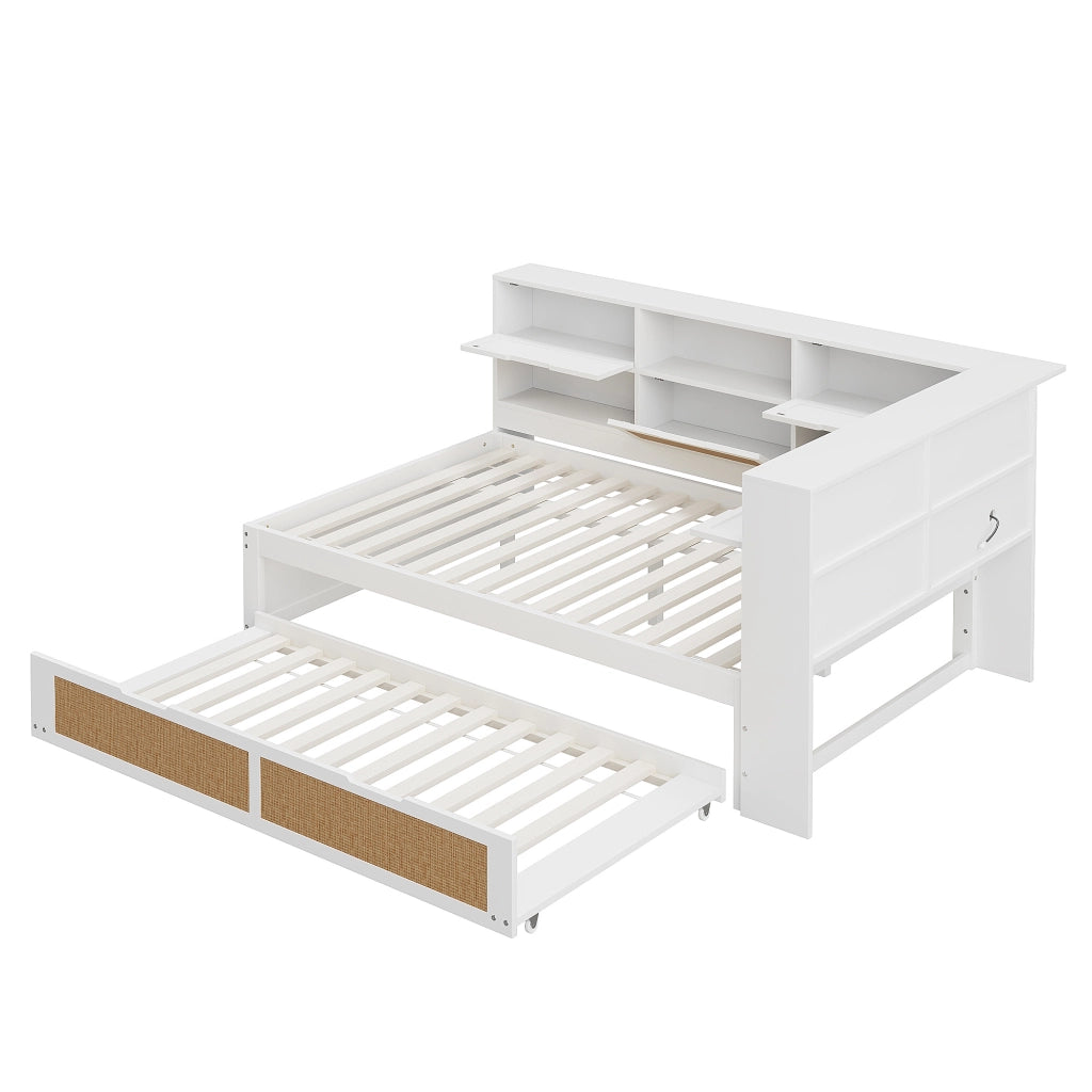 Letto Estraibile 140x200 cm; Letto Singolo - USB; Presa; Contenitore in Legno Bianco