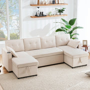 OKWISH Divano Letto Rivestito in Cotone e Lino, Divano a U con Contenitori, Portabicchieri, Tasche Laterali e Cuscini, Beige