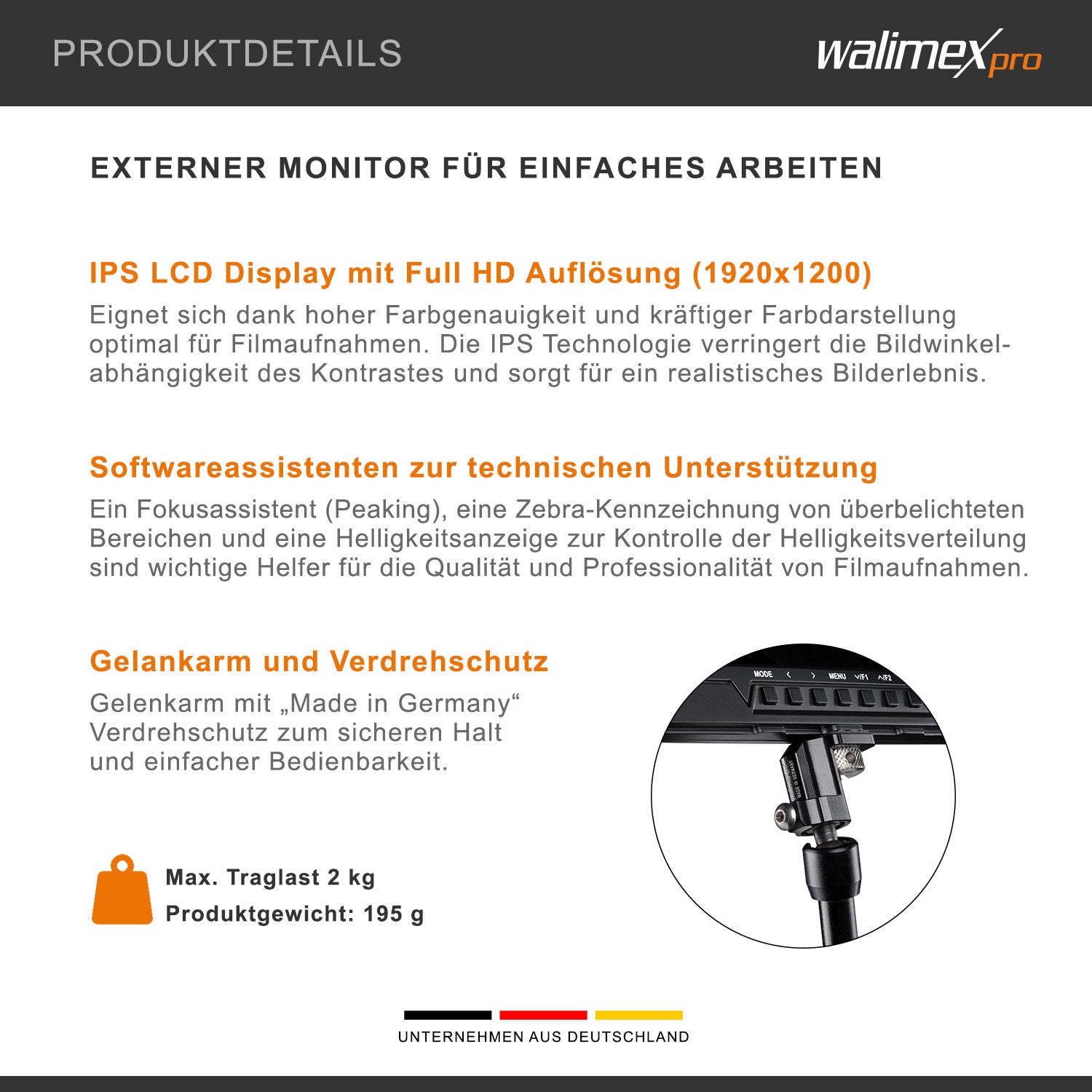 Full HD Monitor Director III Set - display LCD IPS da 7 pollici - assistente di messa a fuoco - con ingresso HDMI e AV - batteria e caricabatterie inclusi