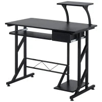 Scrivania per Computer Salvaspazio in Acciaio e Legno, Scrivania da Ufficio con Cassetto, Ripiano Tastiera Estraibile, 90x50x100 cm, Nero
