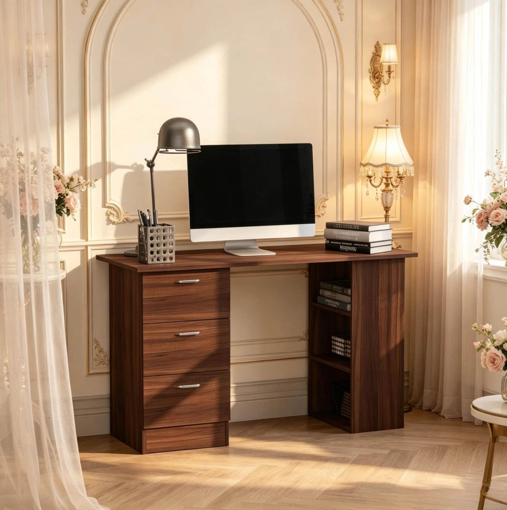Scrivania da Computer in MDF Color Noce con 3 Cassetti e 3 Ripiani
