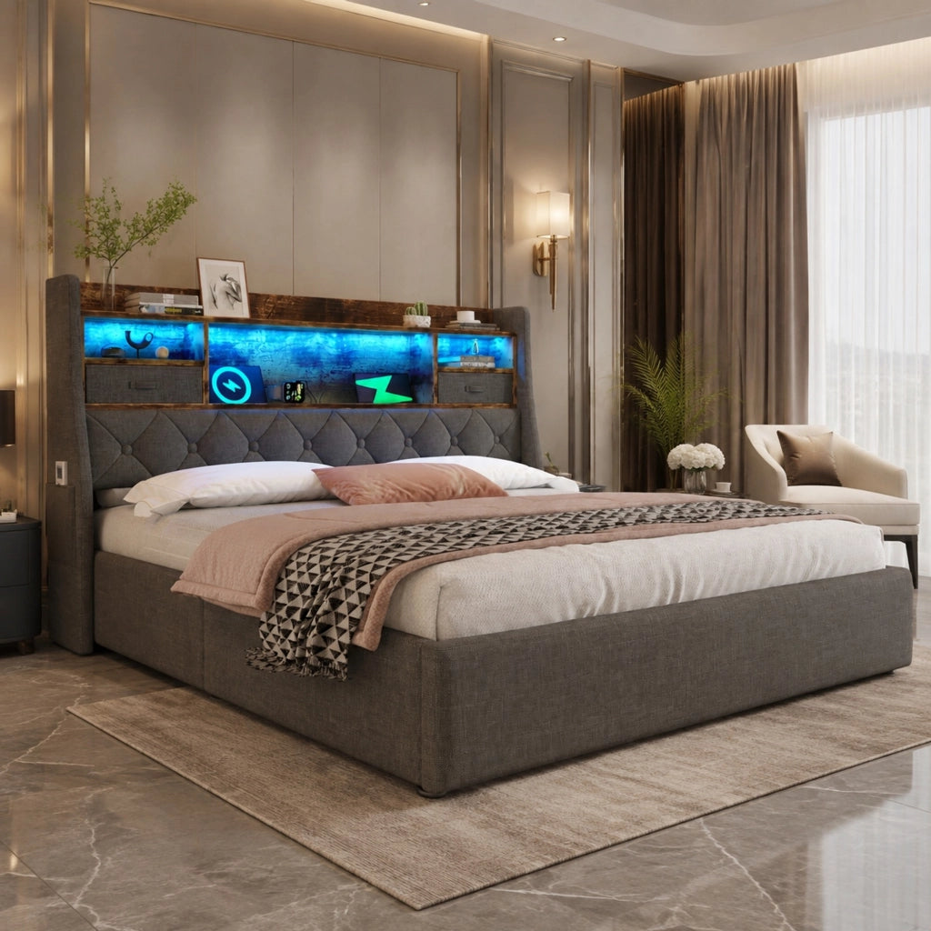 Letto imbottito 140x200 cm con contenitore idraulico, testiera LED e 4 porte di ricarica USB/Type-C, grigio