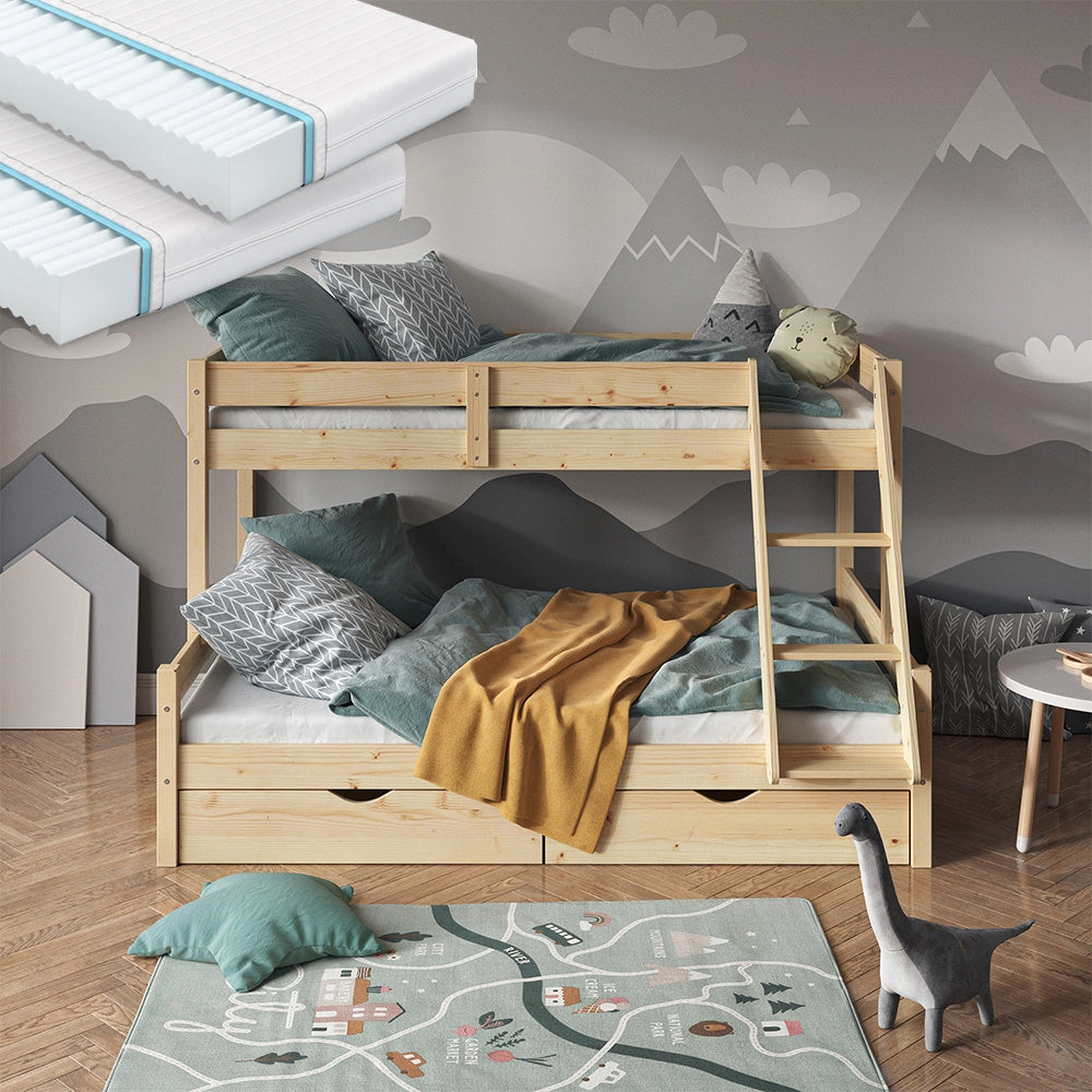 Vitalispa Letto a castello Legno naturale 120x200 / 80x200 cm con 2 materassi e 2 cassetti