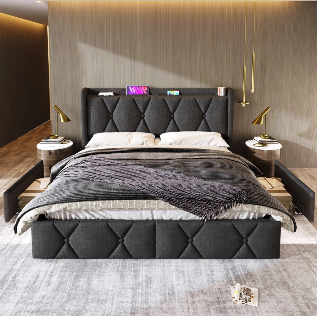 Letto contenitore 160x200 cm con USB; 4 cassetti; lino grigio